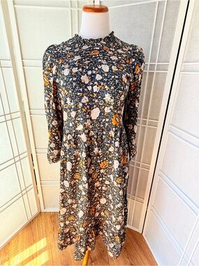 Floral Long Sleeve Midi Dress in Navy and Mustard